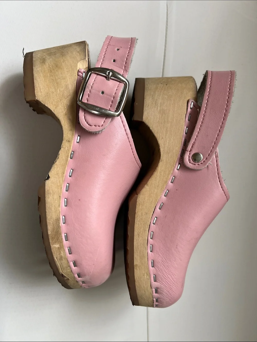 Haga Toffeln Kids 27 Wooden Pink Leather Slingback Clogs